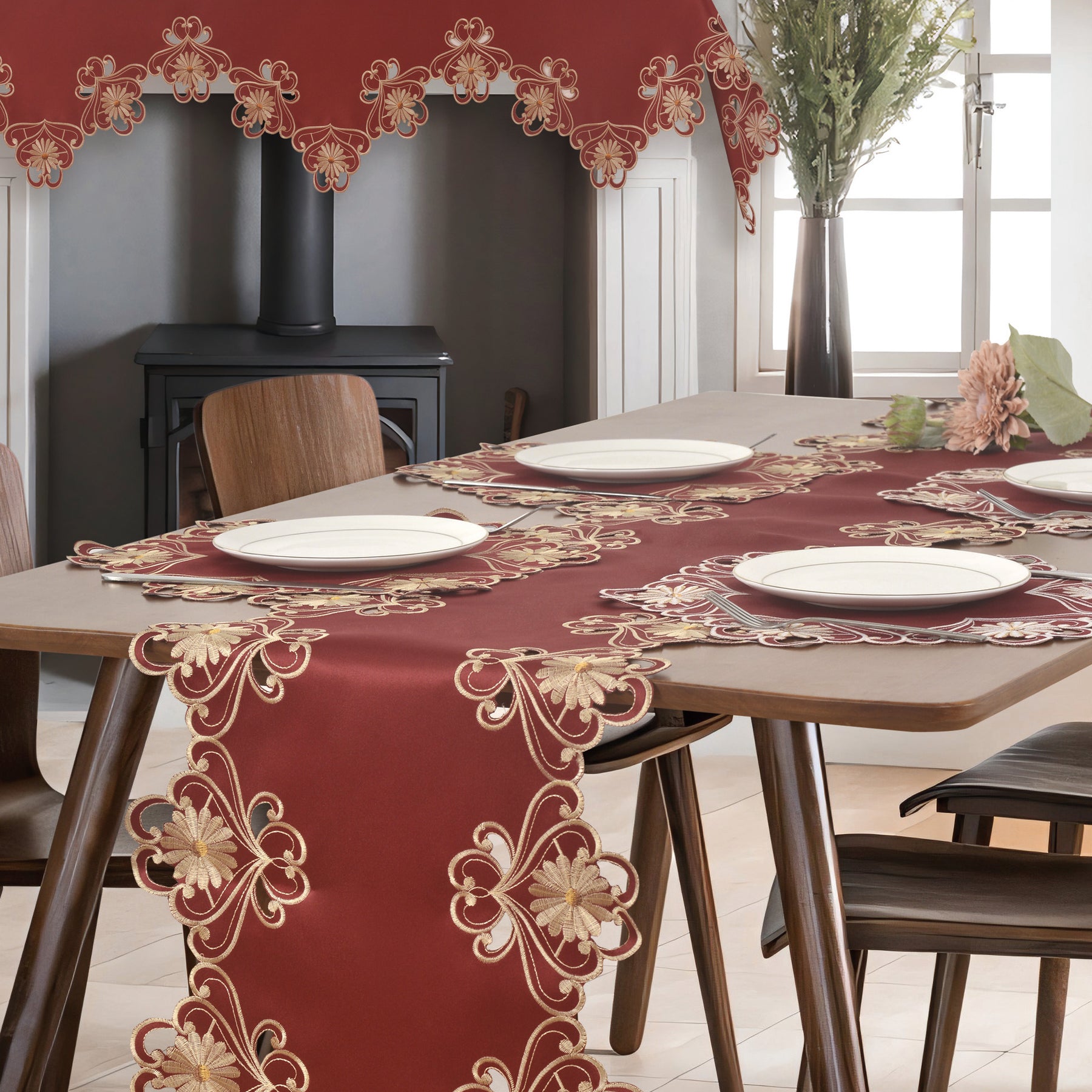 Gold Lace Red Doilies - Round Placemats European Embroidery for Dining Table Home Decor Wedding - 15 inches - The Imperial Red Collection