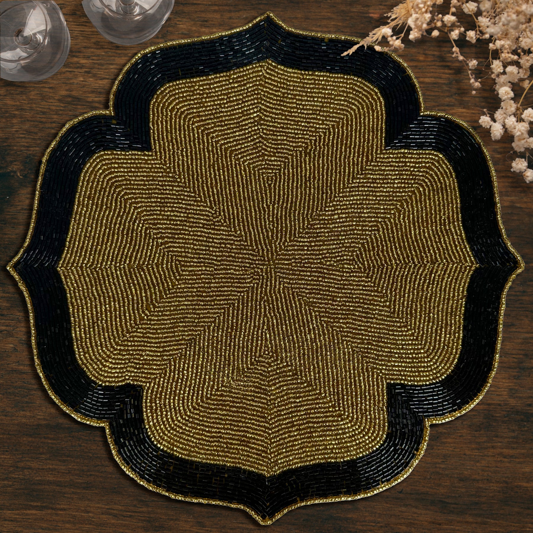 Decozen Golden and Black Beaded Placemats for Dining Table - Set of 4-14 Inches for Kitchen Decor Scratch Heat Resistant Charger Durable Tablemats