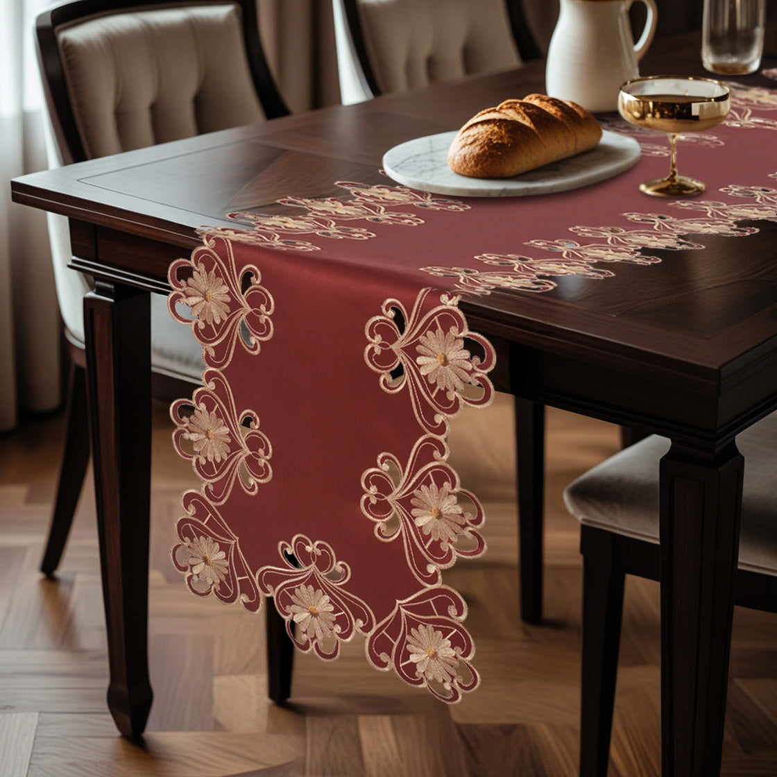 Decozen Gold Lace Red Table Runner - European Embroidery Dresser Decor Scarf for Home, Kitchen, Dining, and Wedding - 14 x 108 Inches - Valentines Day Decor - The Imperial Red Collection
