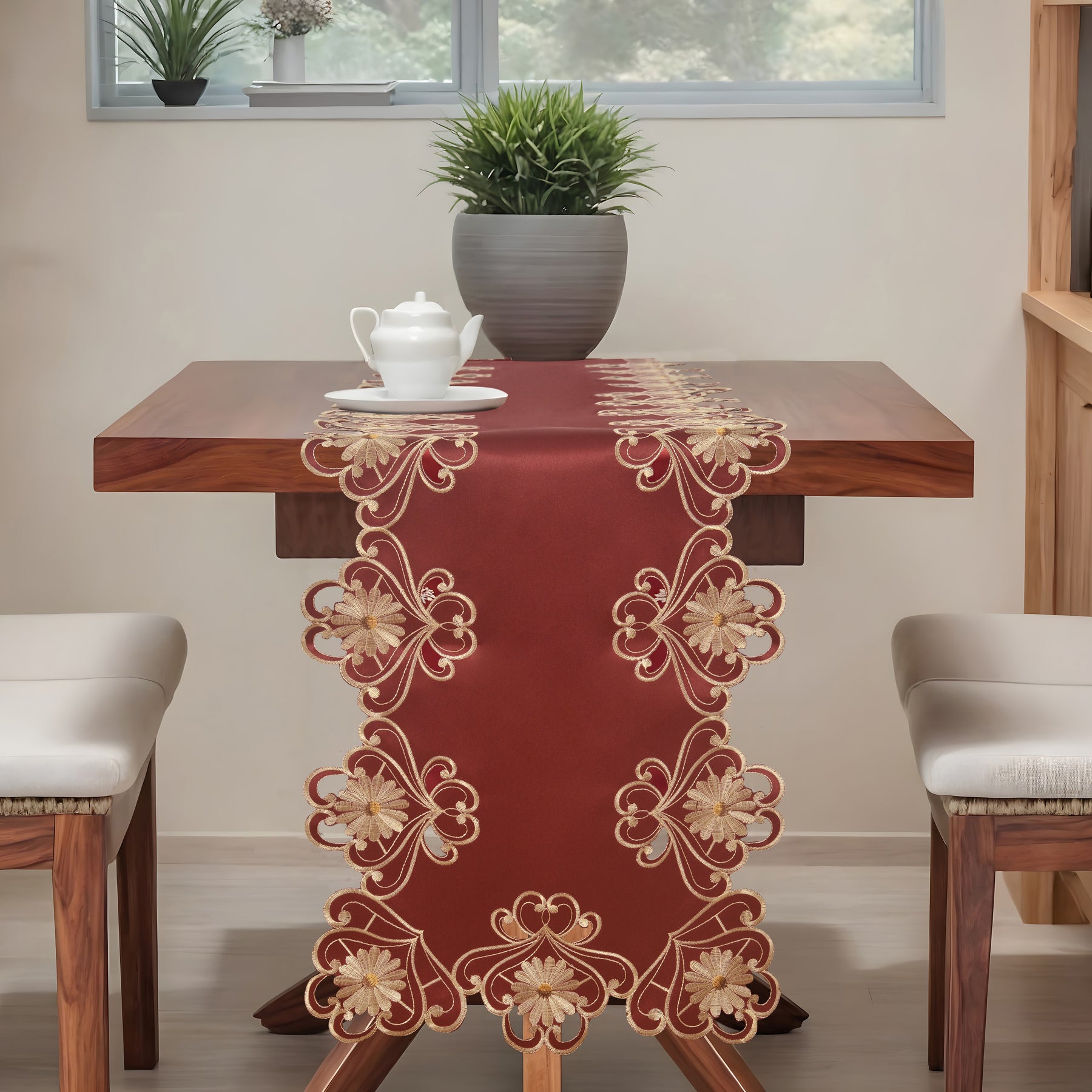 Decozen Gold Lace Red Table Runner - European Embroidery Dresser Decor Scarf for Home, Kitchen, Dining, and Wedding - 14 x 108 Inches - Valentines Day Decor - The Imperial Red Collection