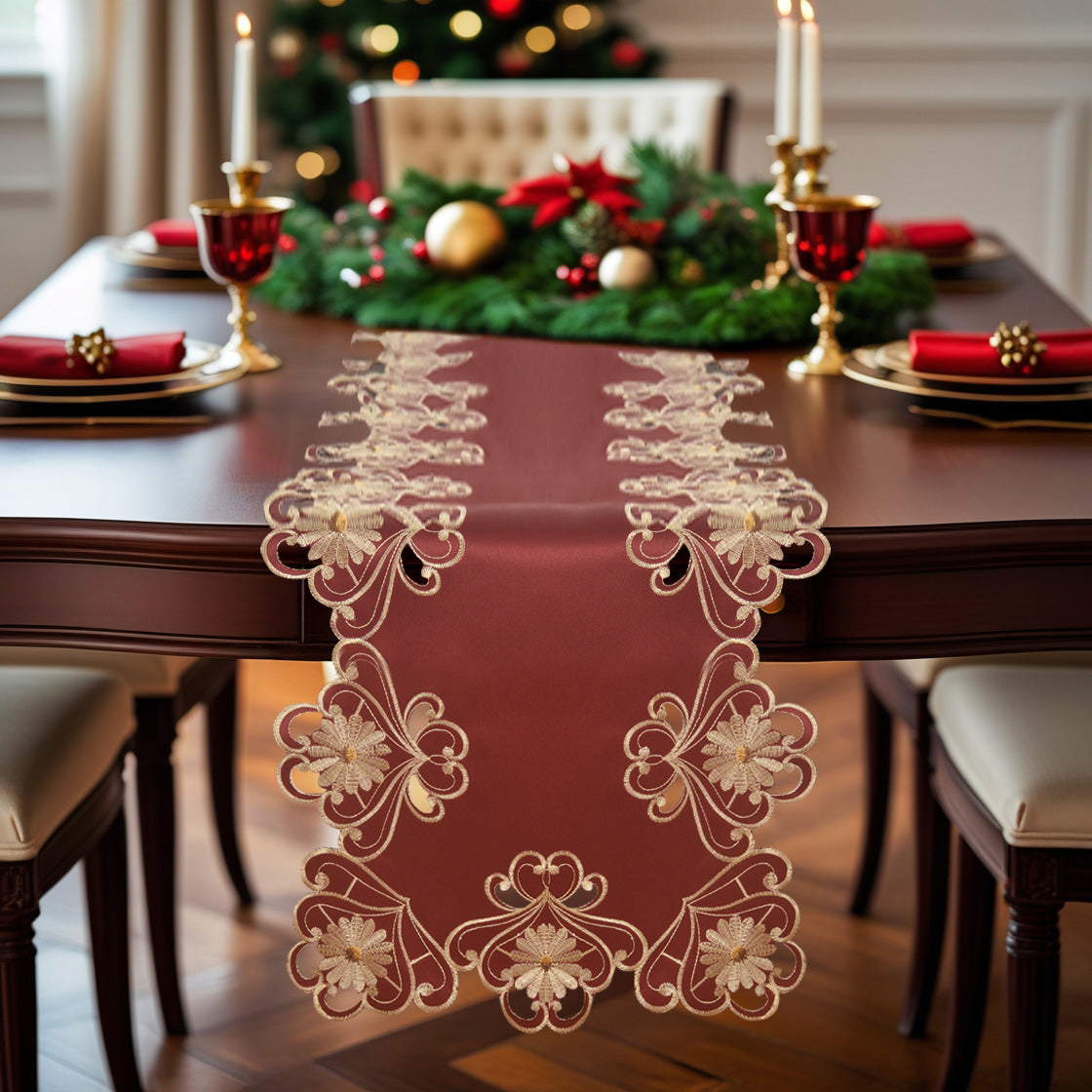 Decozen Gold Lace Red Table Runner - European Embroidery Dresser Decor Scarf for Home, Kitchen, Dining, and Wedding - 14 x 108 Inches - Valentines Day Decor - The Imperial Red Collection
