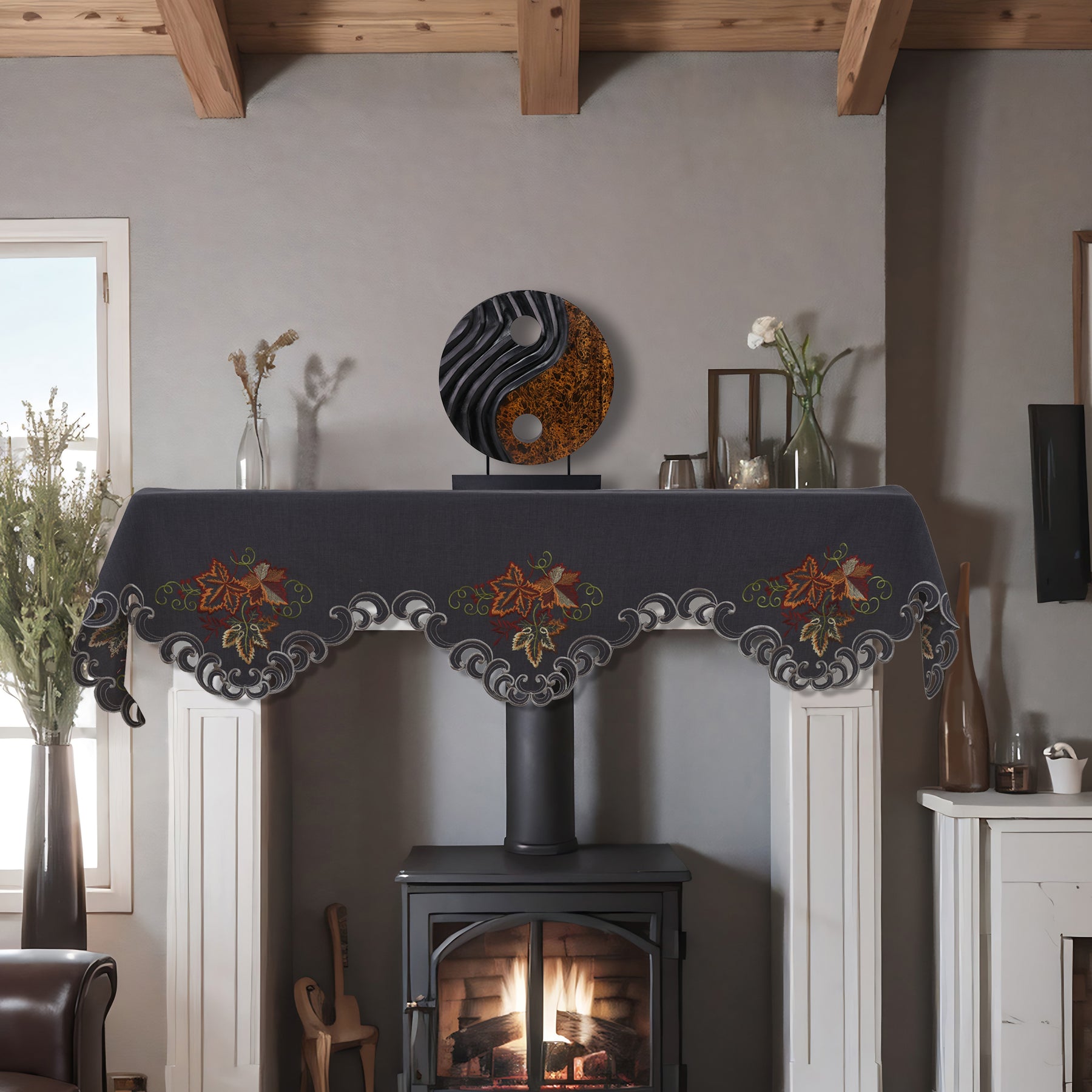 Decozen Charcoal Gray Mantel Scarf Cover - Intricate Cutouts Embroidery for Fireplace Kitchen Dining Room Home Decor - 18 x 90 inches - The Charcoal Fleur Collection