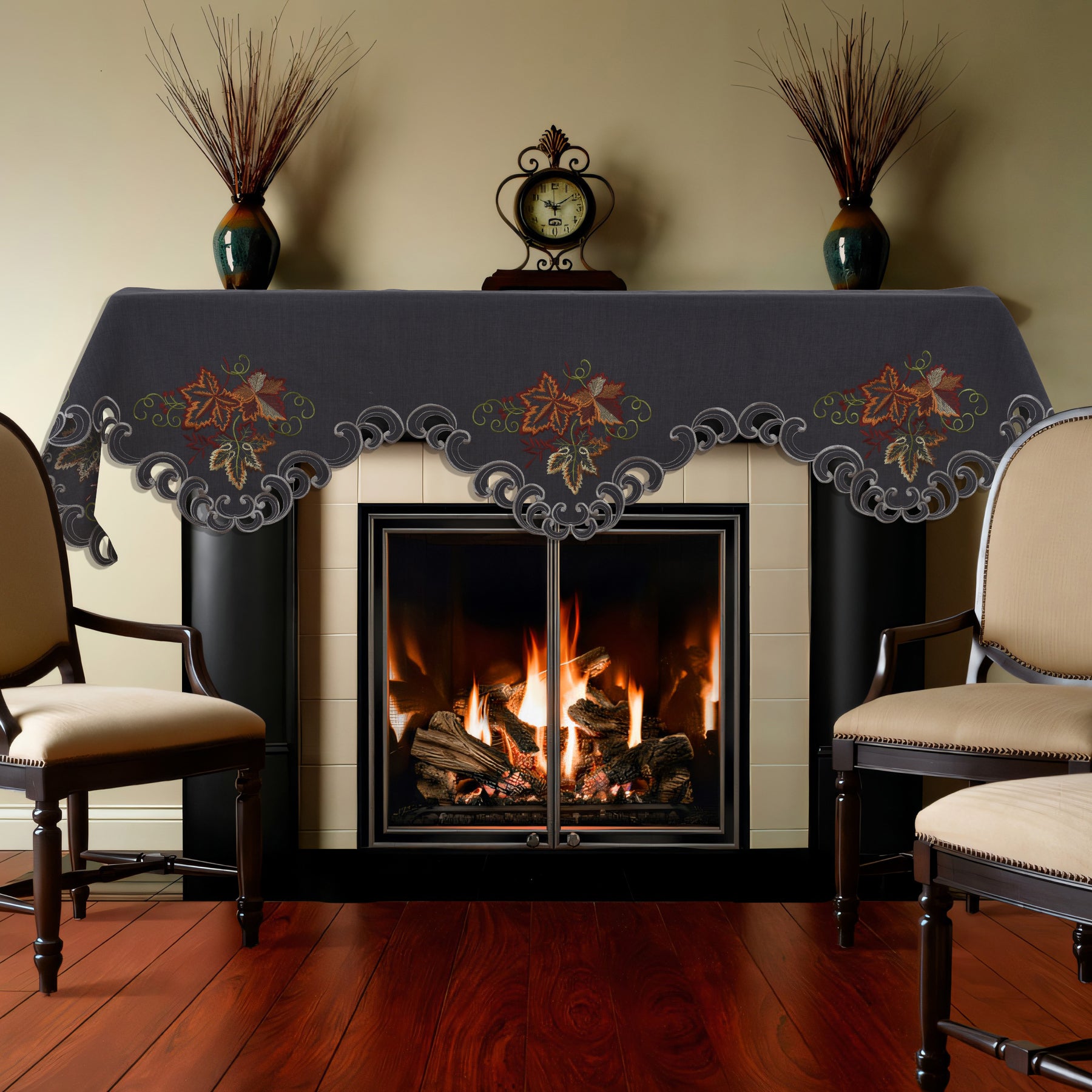 Decozen Charcoal Gray Mantel Scarf Cover - Intricate Cutouts Embroidery for Fireplace Kitchen Dining Room Home Decor - 18 x 90 inches - The Charcoal Fleur Collection