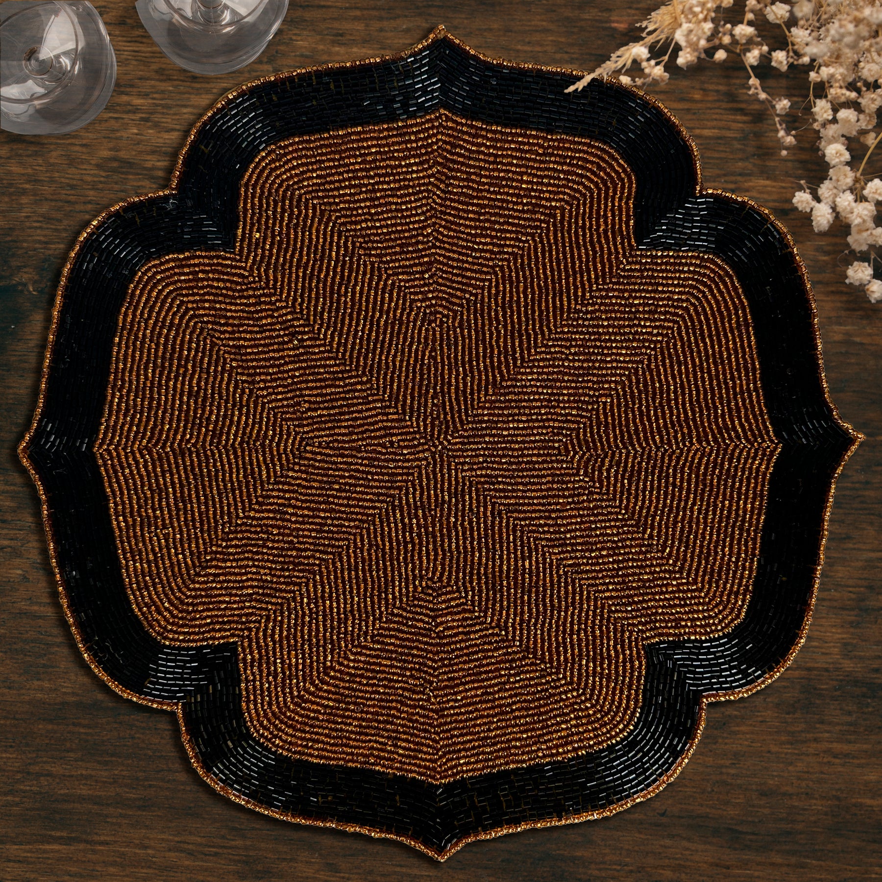 Decozen Dark Brown and Black Beaded Placemats for Dining Table - Set of 8-14 Inches for Kitchen Decor Scratch Heat Resistant Charger Durable Tablemats