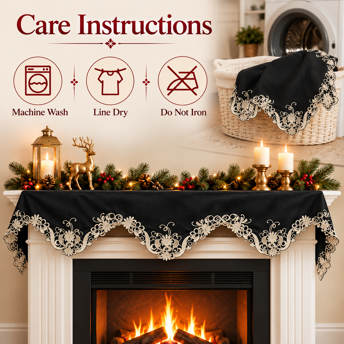 Black Gold Mantel Scarf – Golden Night, 18x90 Inch