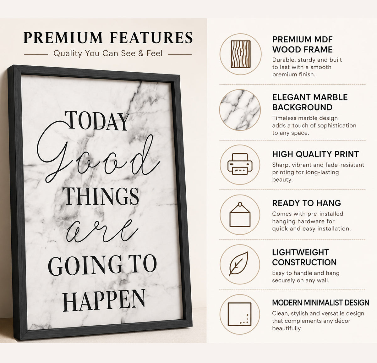 Boho Wall Décor - Framed Motivational Wall Art with Marble Aesthetic
