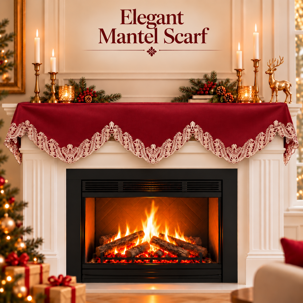 Burgundy Gold Mantel Scarf – Wine Grace, 18x90 Inch