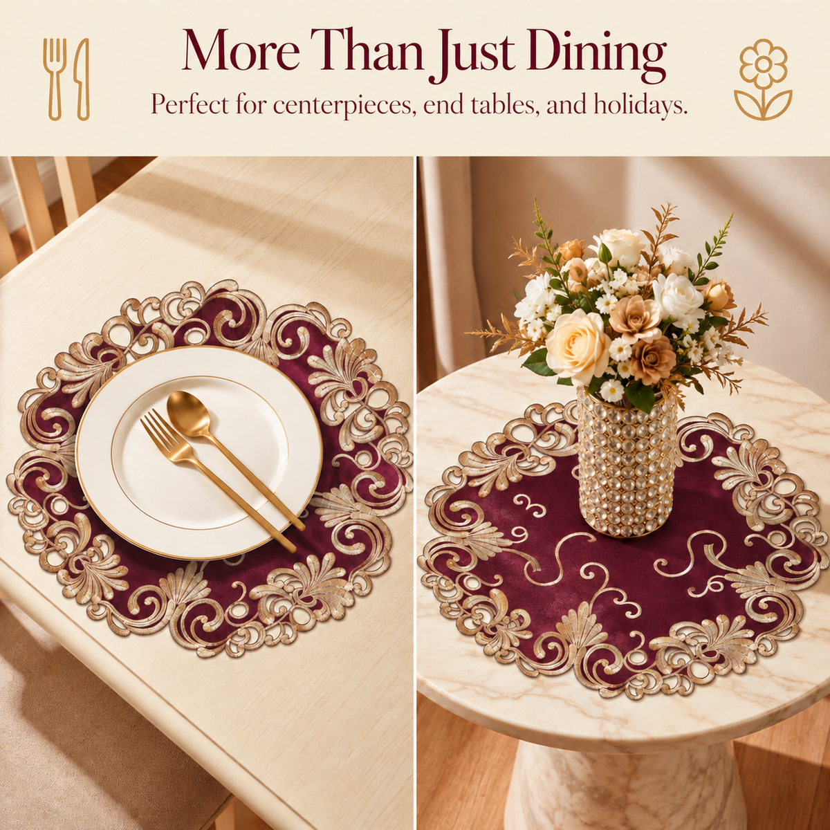 Lace Doilies – Premium Linen Fabric Doilies with Intricate Embroidery, 15 Inch Table Decor
