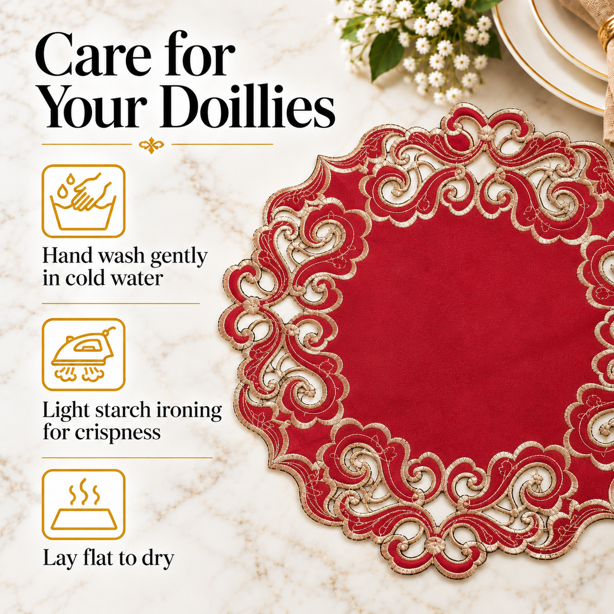 Burgundy Gold Doilies – Crimson Glow, 15 Inch