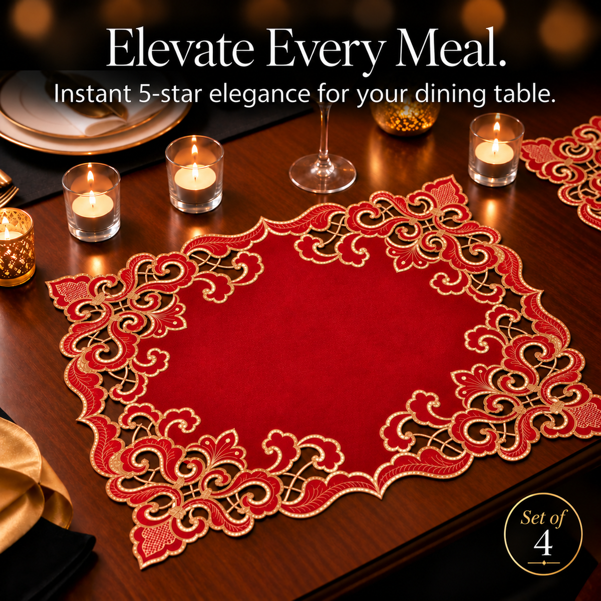 Burgundy Gold Placemats – Crimson Glow, 12x18 Inch