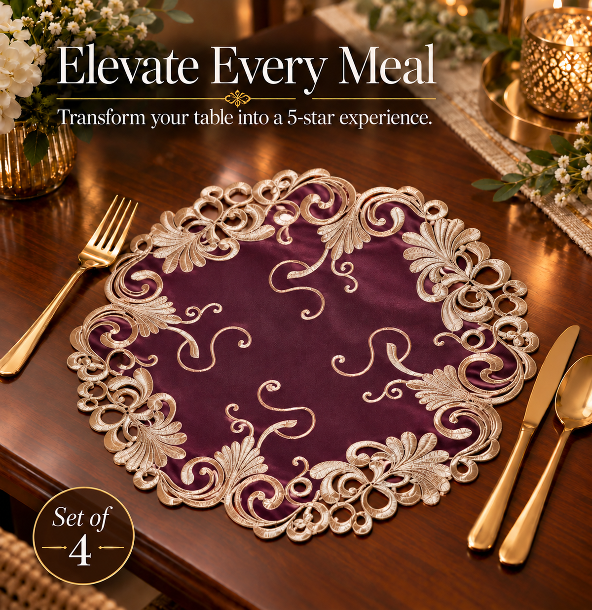 Lace Doilies – Premium Linen Fabric Doilies with Intricate Embroidery, 15 Inch Table Decor