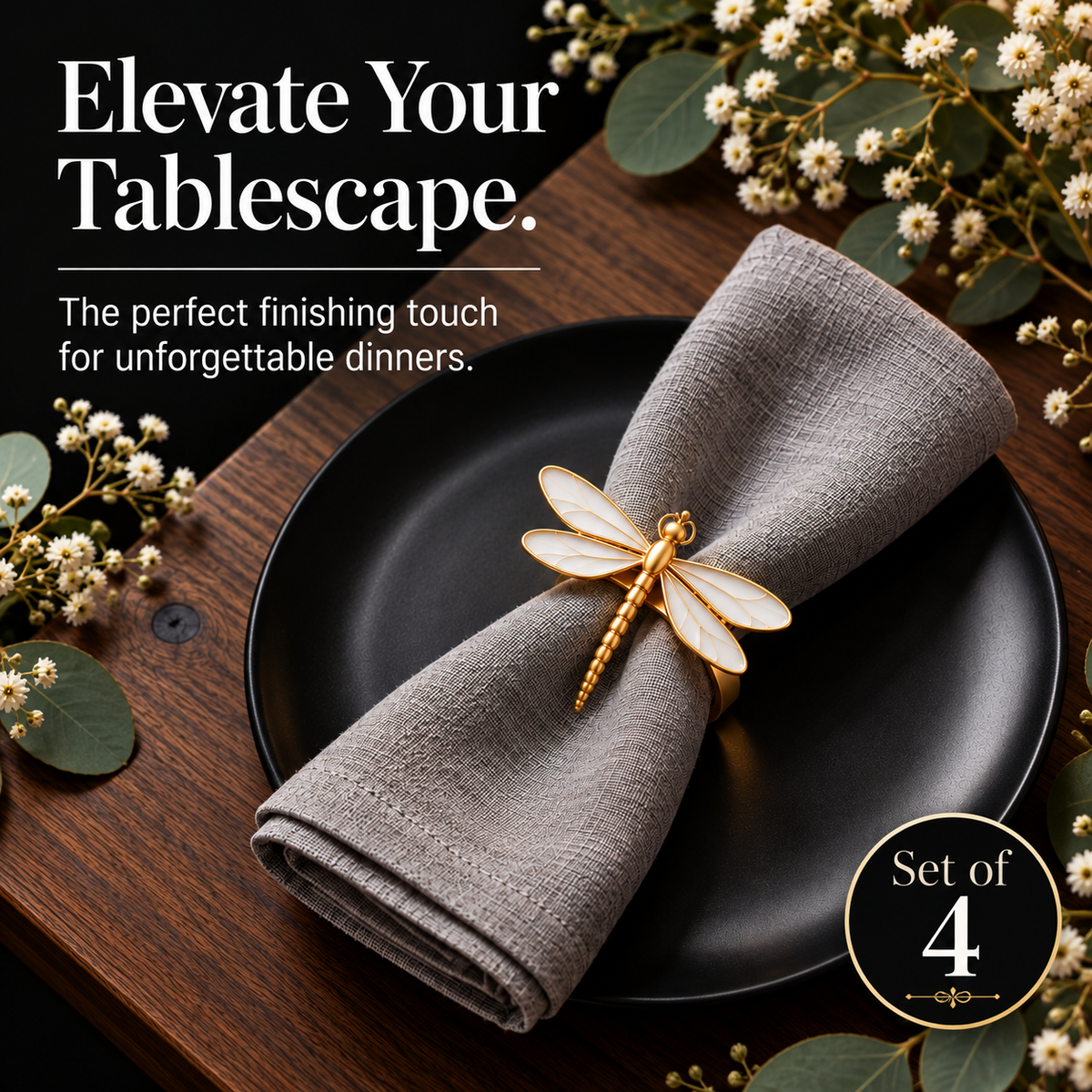 Set of 4 Gold Dragonfly Napkin Rings – Ivory Flight