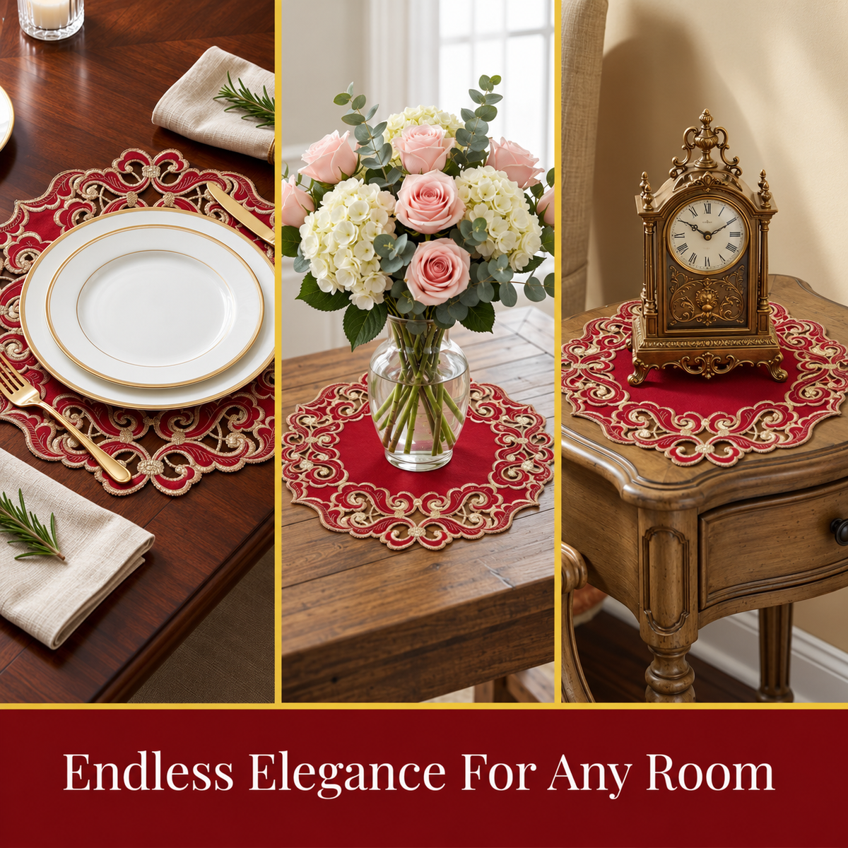 Burgundy Gold Doilies – Crimson Glow, 15 Inch
