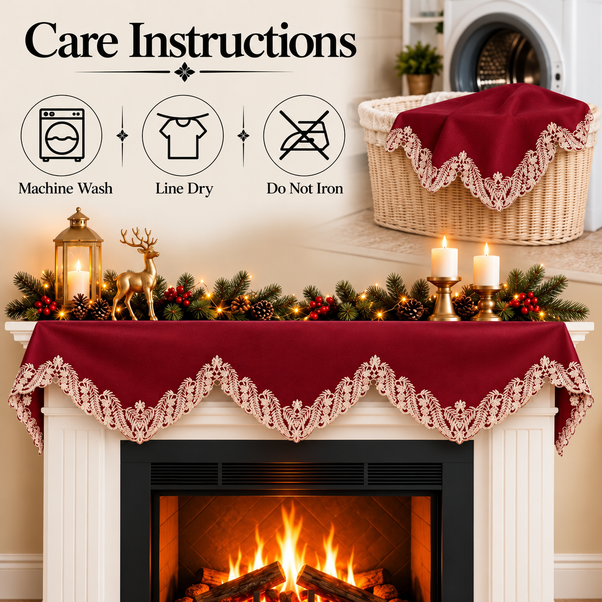 Burgundy Gold Mantel Scarf – Wine Grace, 18x90 Inch