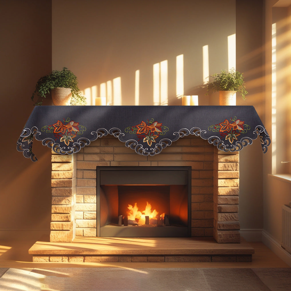 Decozen Charcoal Gray Mantel Scarf Cover - Intricate Cutouts Embroidery for Fireplace Kitchen Dining Room Home Decor - 18 x 90 inches - The Charcoal Fleur Collection