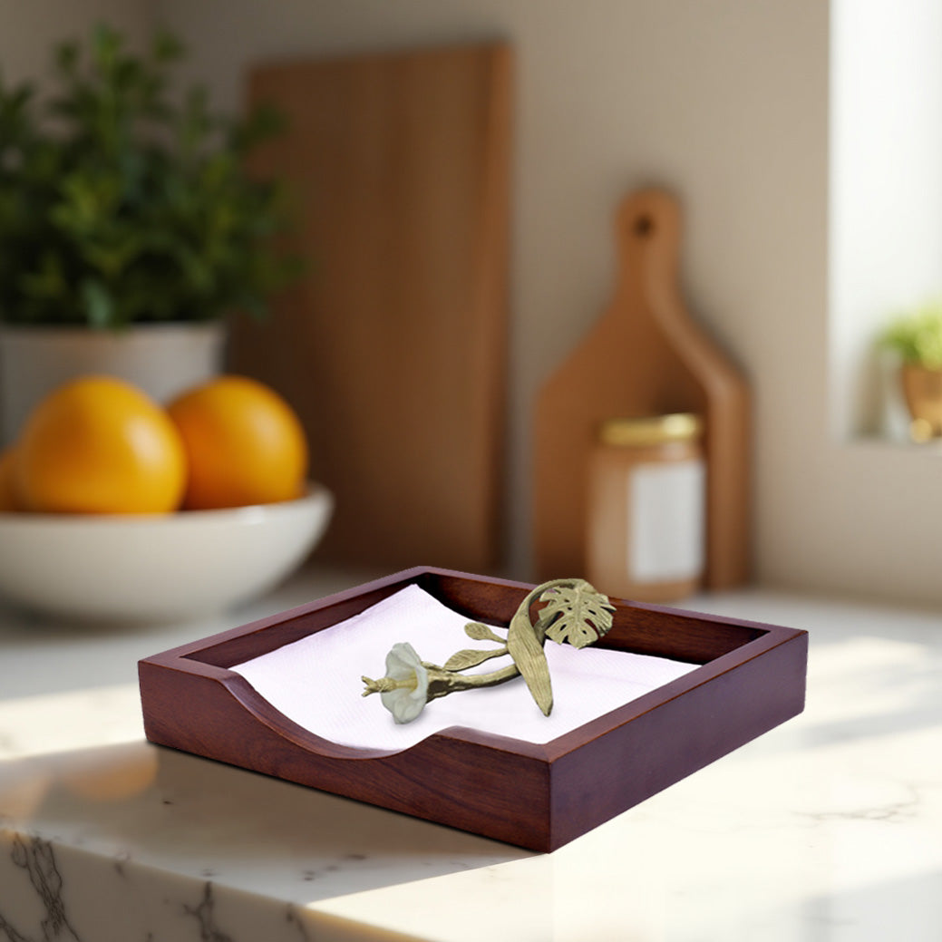 Solid Wood Napkin Holder with Gold Finish Ornament