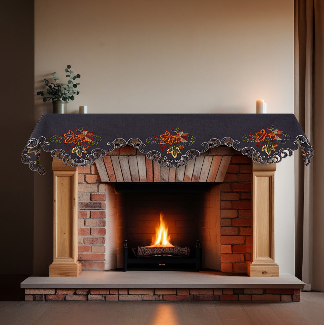 Decozen Charcoal Gray Mantel Scarf Cover - Intricate Cutouts Embroidery for Fireplace Kitchen Dining Room Home Decor - 18 x 90 inches - The Charcoal Fleur Collection