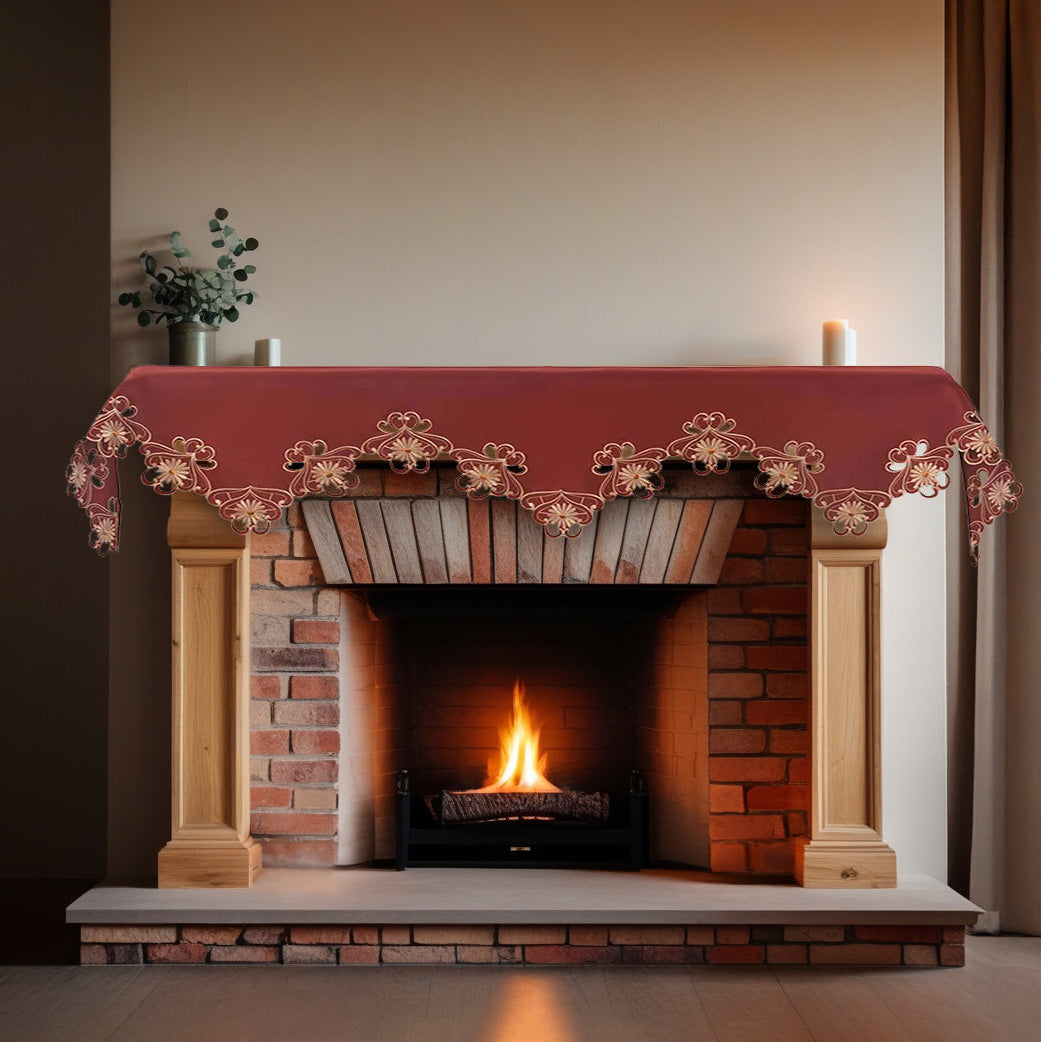 Gold Lace Red Mantel Scarf Cover - Intricate Cutouts Embroidery for Fireplace Kitchen Dining Room Home Decor - 18 x 90 inches - The Imperial Red Collection