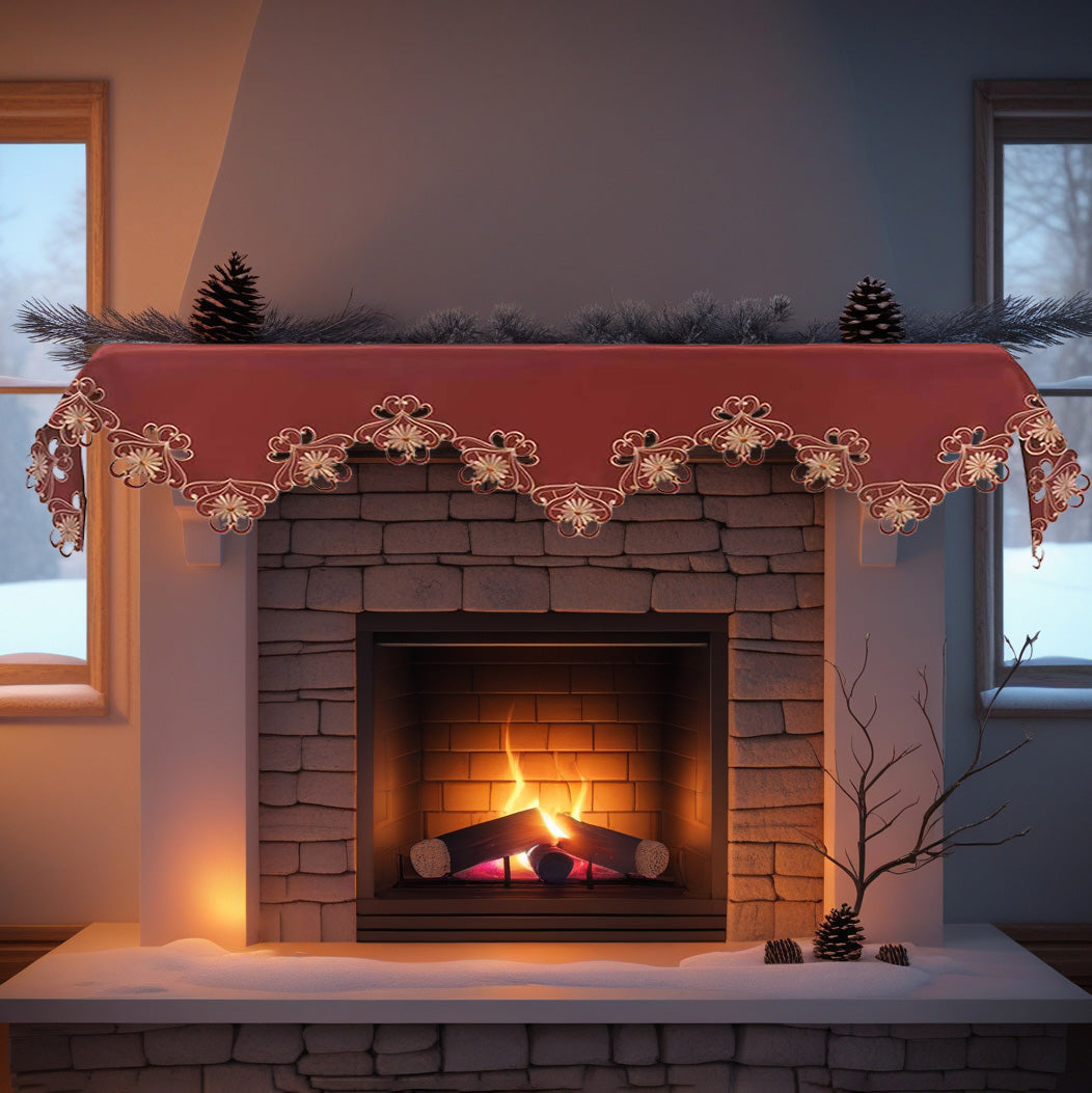 Gold Lace Red Mantel Scarf Cover - Intricate Cutouts Embroidery for Fireplace Kitchen Dining Room Home Decor - 18 x 90 inches - The Imperial Red Collection