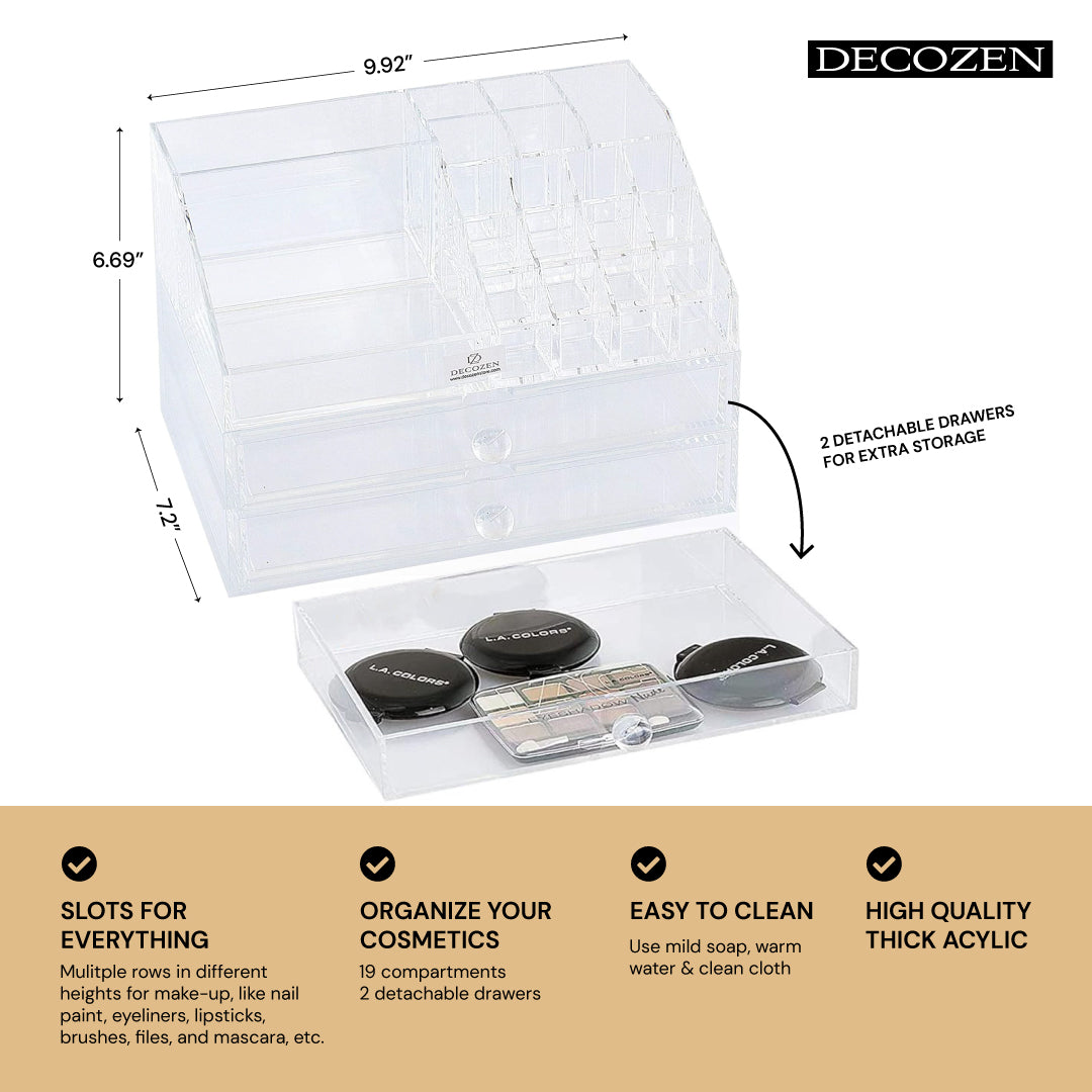 Clear Makeup Organizers - 19 Slots and 2 Drawers