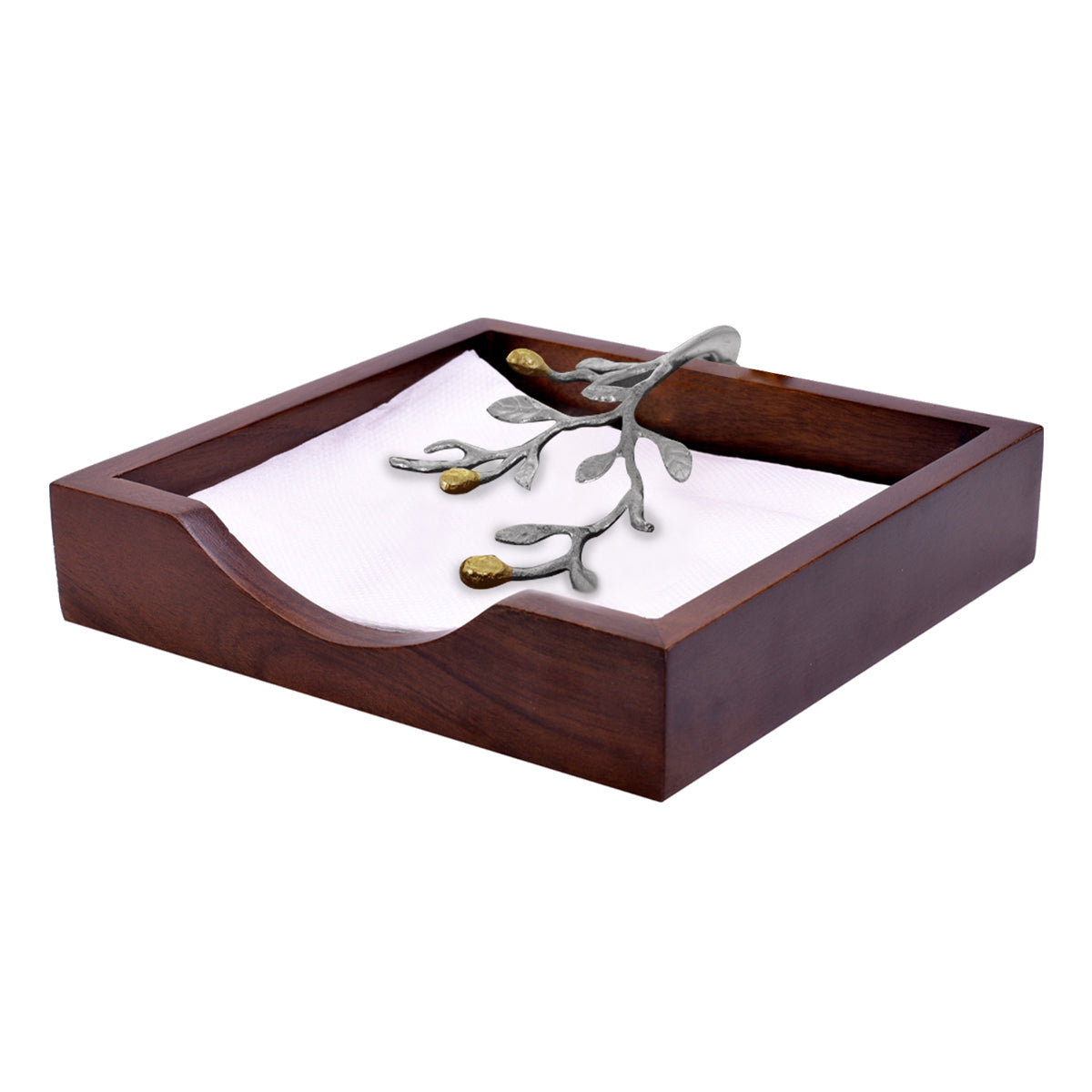 Solid Wood Napkin Holder with Silver and Gold Finish Ornament