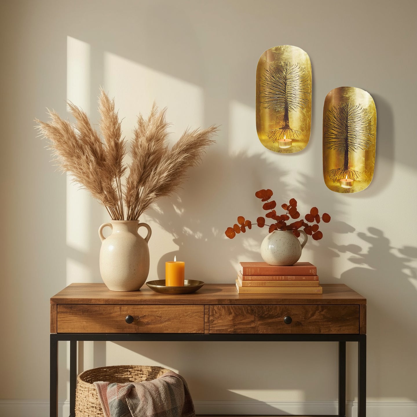 Gold Wall Candle Sconces with Tree of Life Design - Set of 2