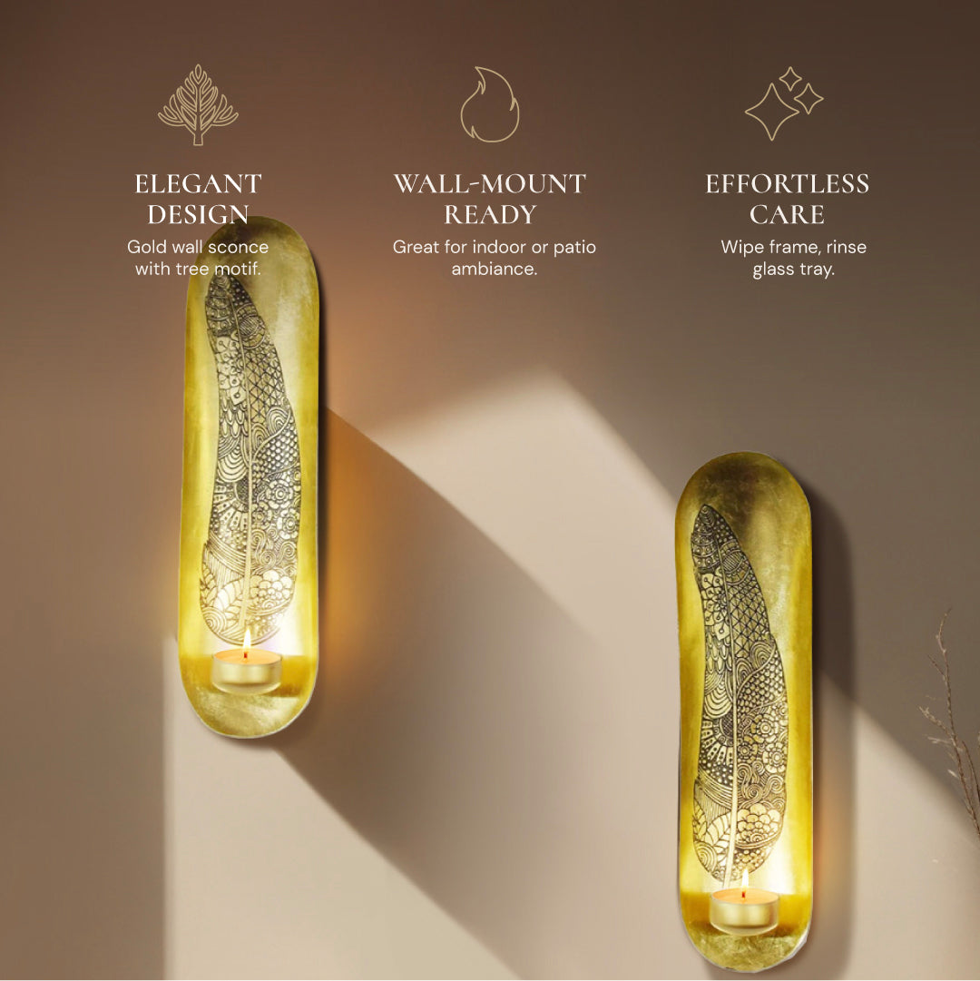 Gold Wall Candle Sconces with Feather Design - Set of 2