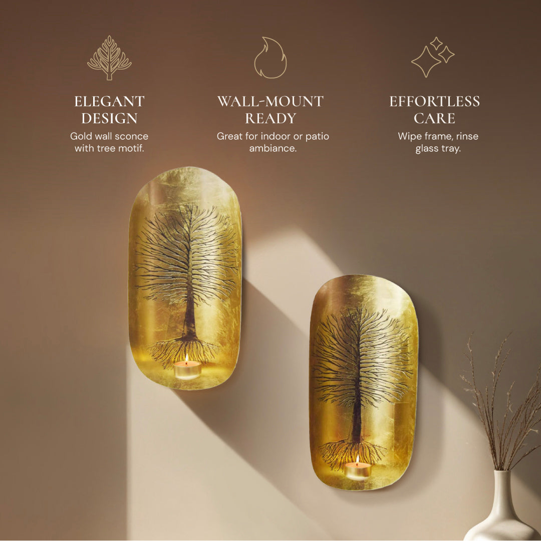 Gold Wall Candle Sconces with Tree of Life Design - Set of 2