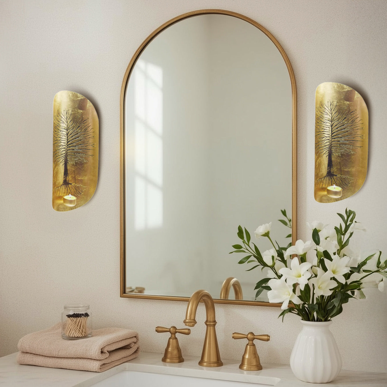 Gold Wall Candle Sconces with Tree of Life Design - Set of 2