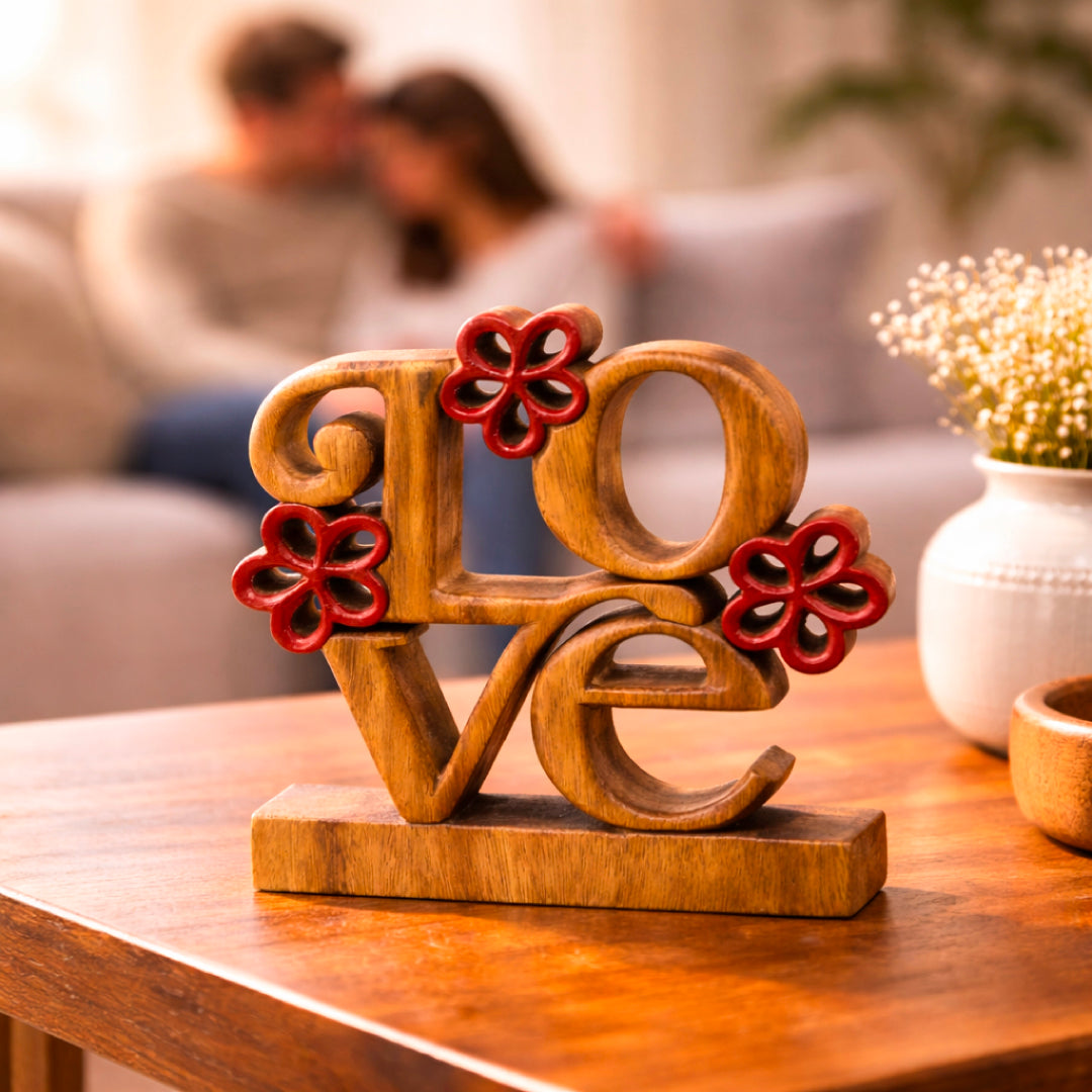 Hand-carved crimson heart wooden sculpture by LAY014, a handmade decorative wooden décor piece for home art.