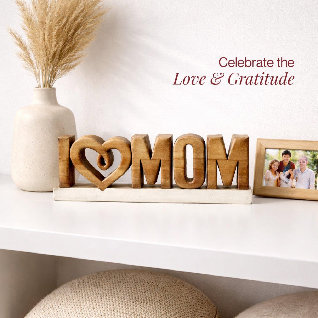 Hand-carved wooden sculpture of a mother, handmade wooden décor by LAY023, perfect as a Mother’s Day gift.