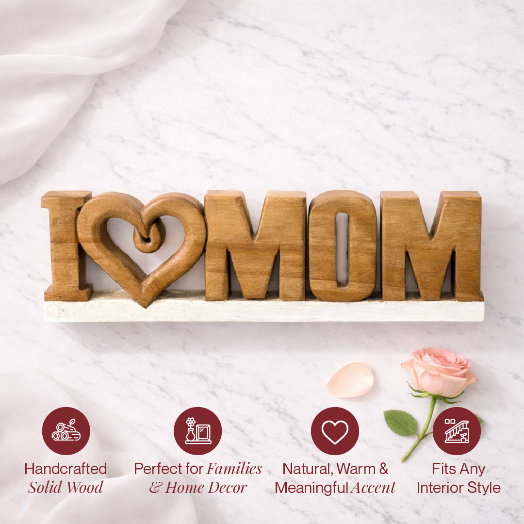 Hand-carved wooden sculpture of a mother from LAY023, showcasing intricate craftsmanship in natural wooden décor.