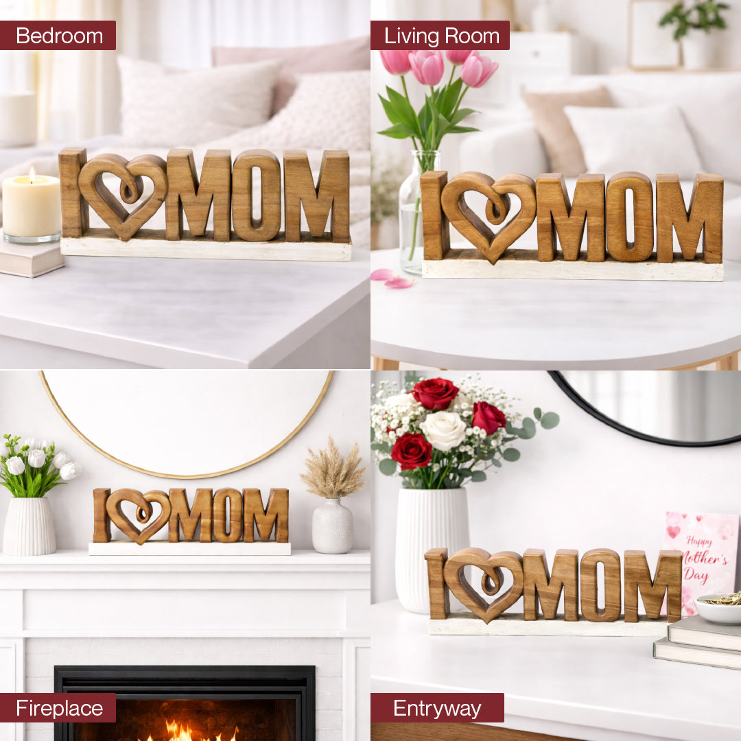 Hand-carved wooden sculpture titled Forever Mom, a handmade wooden décor piece by LAY023, ideal as a Mother’s Day gift.