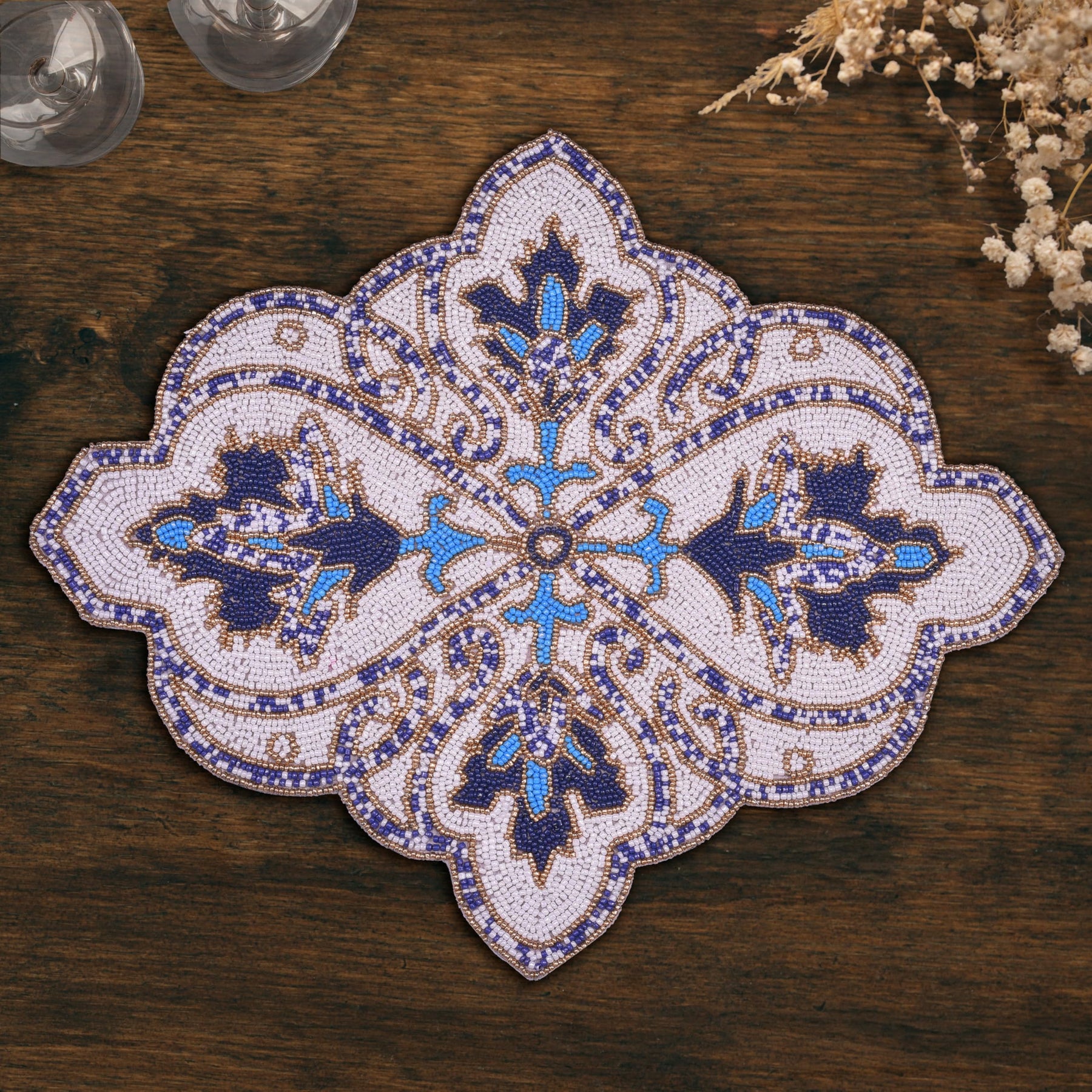 Beaded Placemats Heat-Resistant Table Mats in Blue White