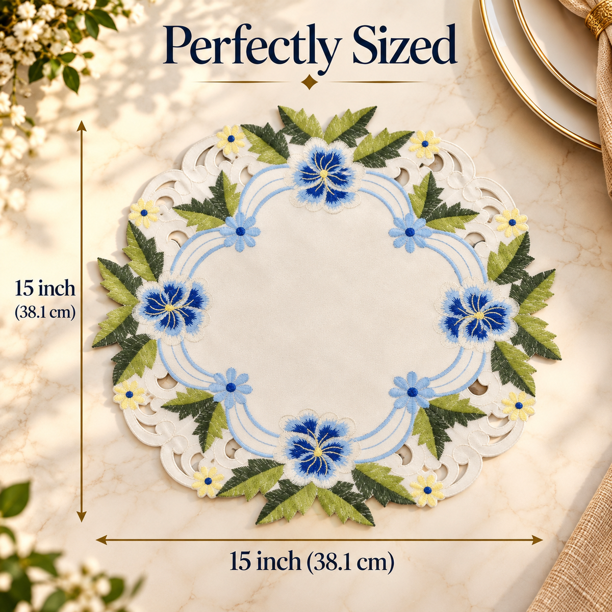 Linen Round Placemats – Embroidered Doilies, Lace & European Embroidery, 15 Inch