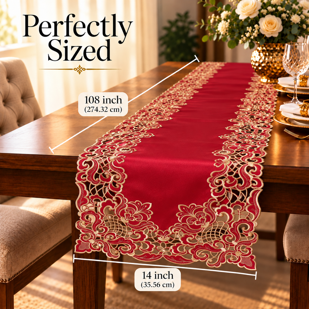 Burgundy Gold Table Runner – Crimson Glow, 14x108 Inch