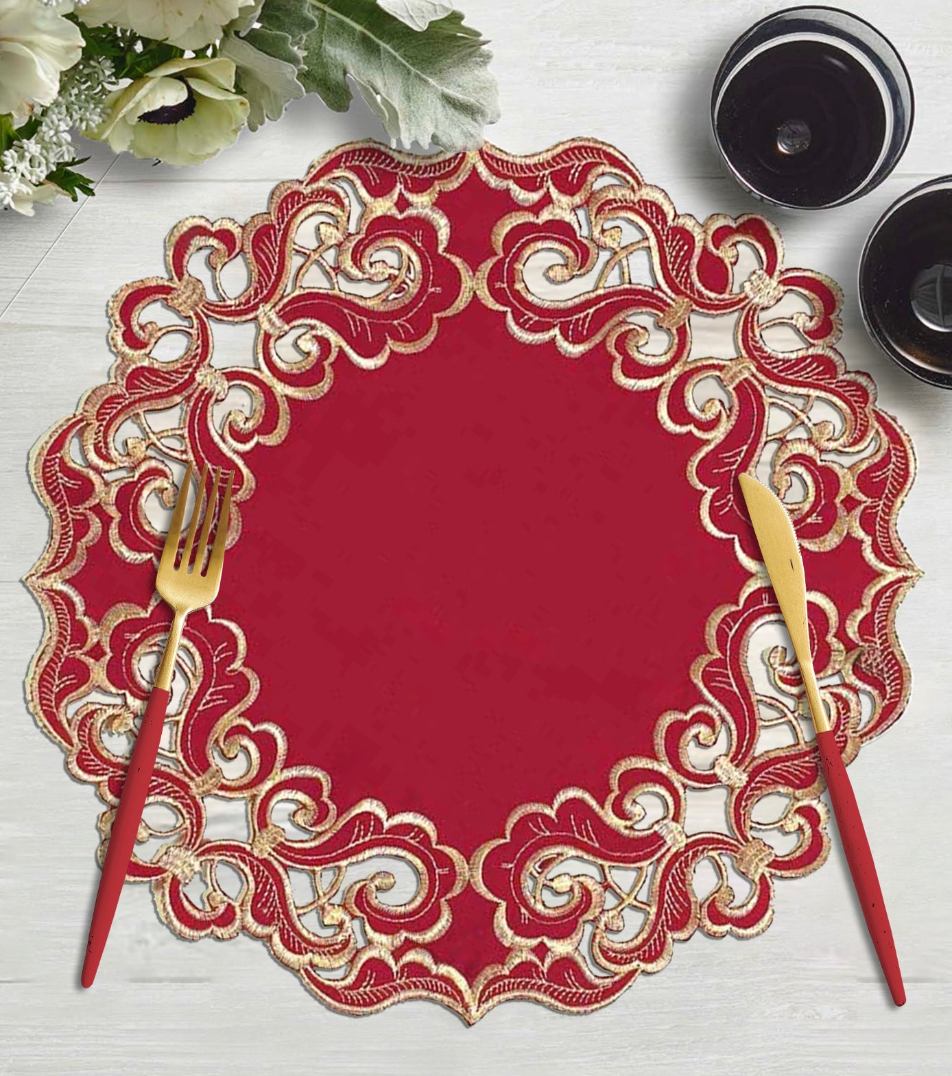Burgundy Gold Table Doilies - Granada Collection