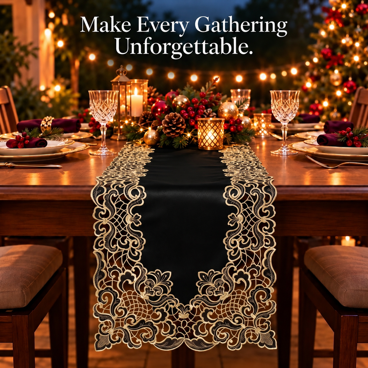 Black Gold Table Runner – Noir Luxe, 14x108 Inch