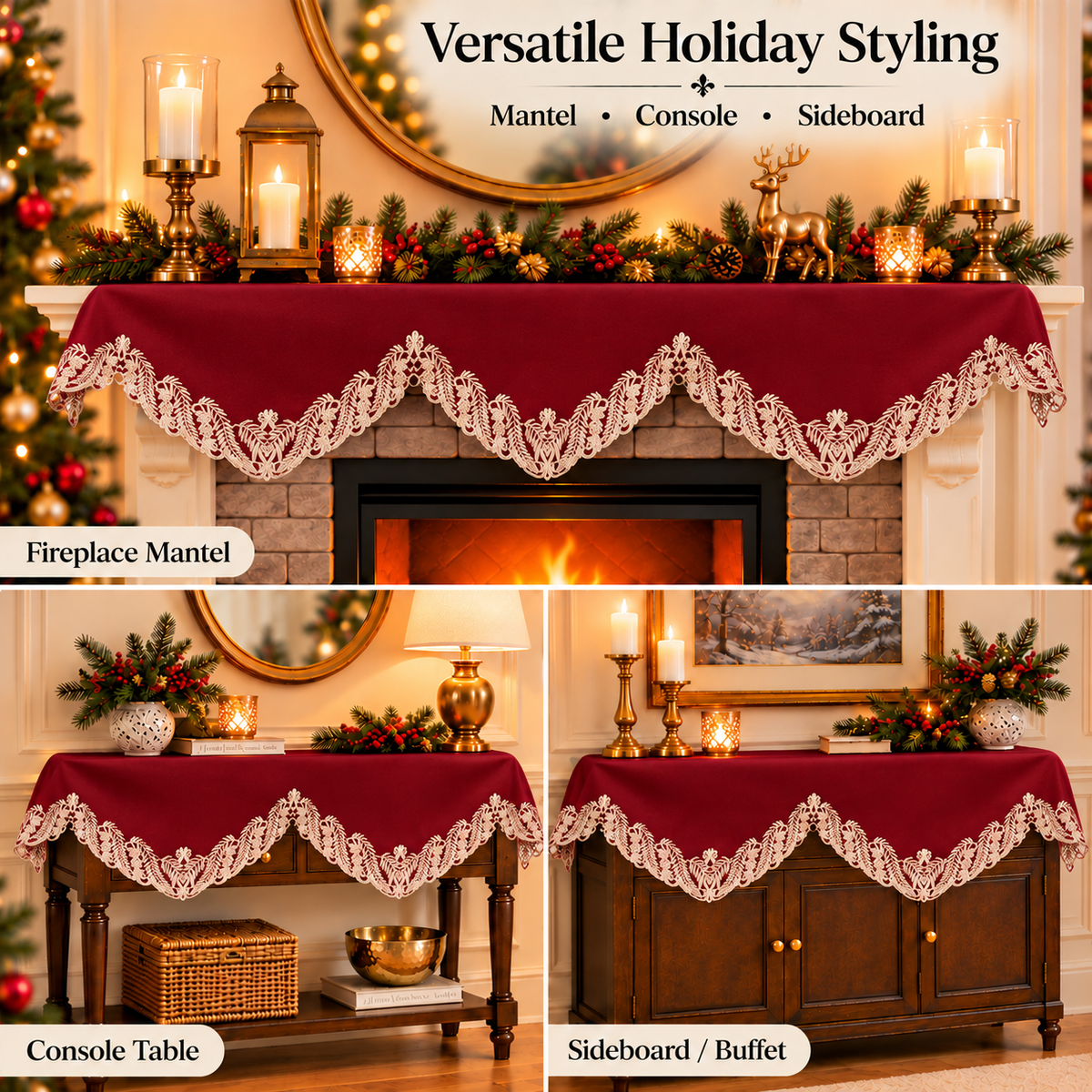 Burgundy Gold Mantel Scarf – Wine Grace, 18x90 Inch