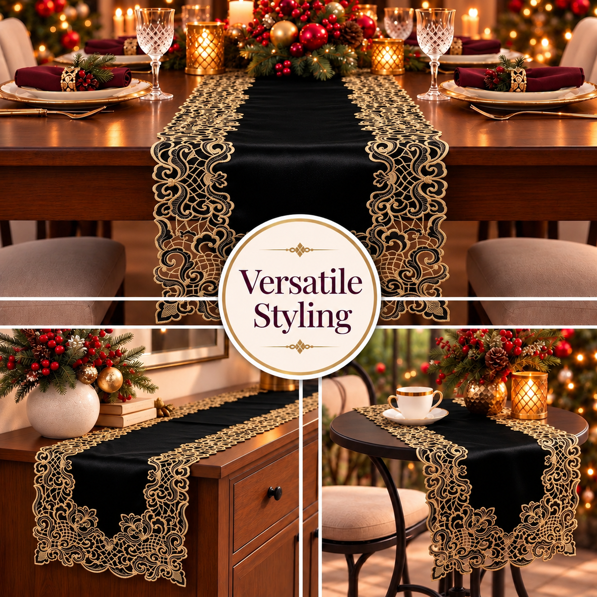 Black Gold Table Runner – Noir Luxe, 14x108 Inch