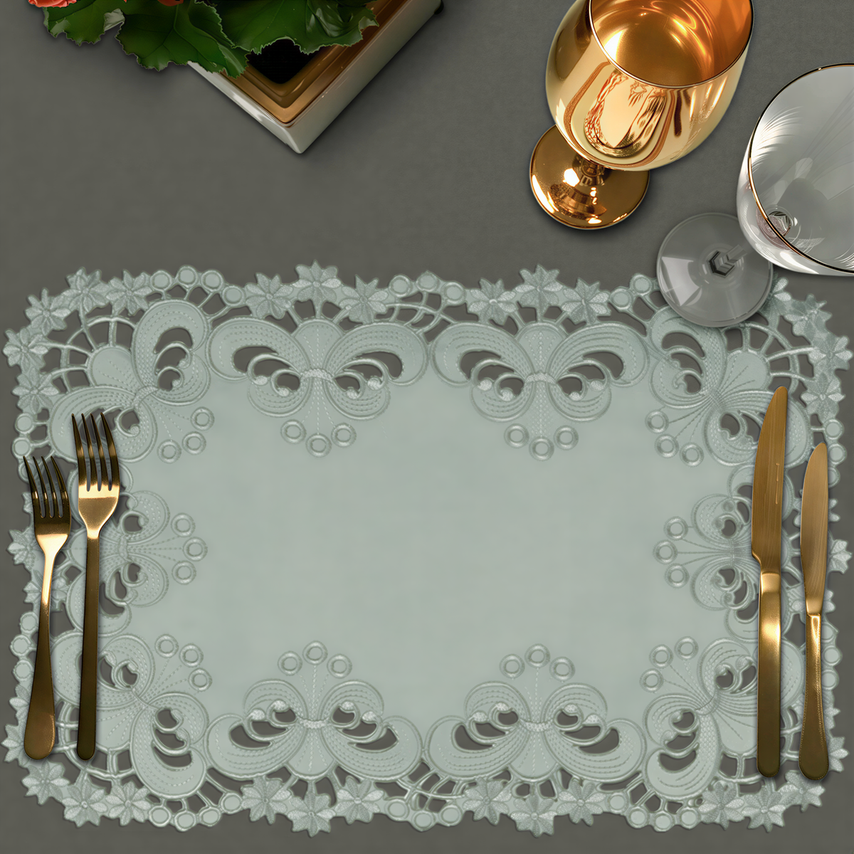 Set of six linen placemats with intricate European embroidery from the Creola Collection, stylish and elegant table decor by FL3412-PM.