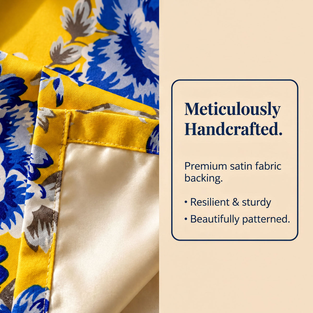 The image is a close-up of a fabric with a floral pattern, accompanied by text that describes the fabric as premium satin, resilient, and beautifully patterned.
