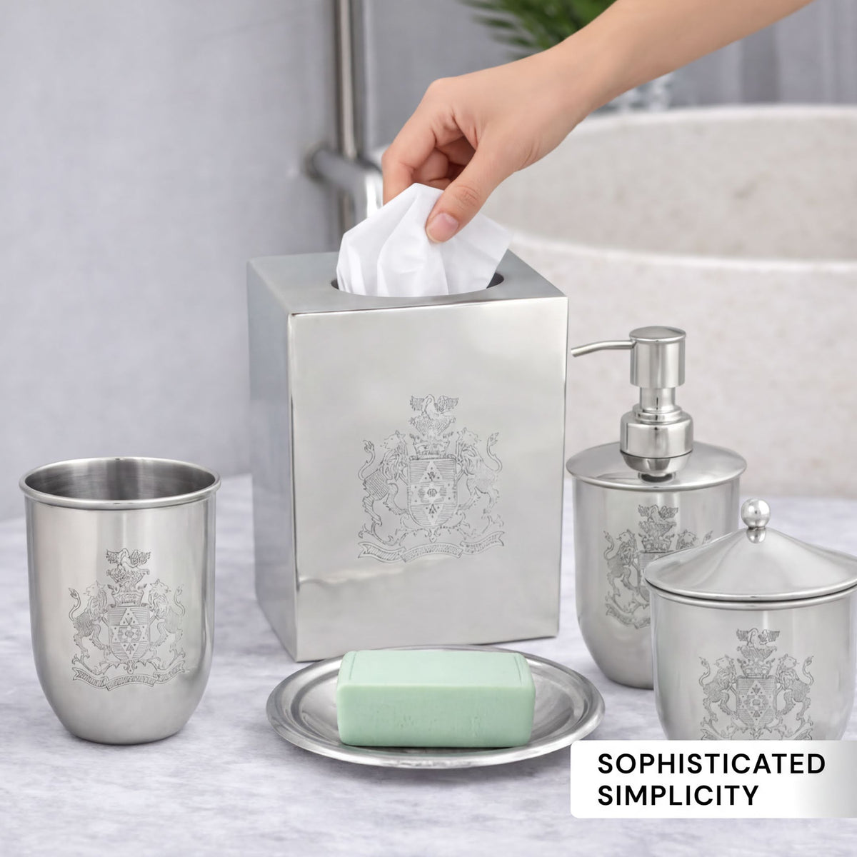 Modern bathroom décor accessories set of 5 from Durkee Collection, featuring sleek soap dispensers, toothbrush holders, and matching accents.