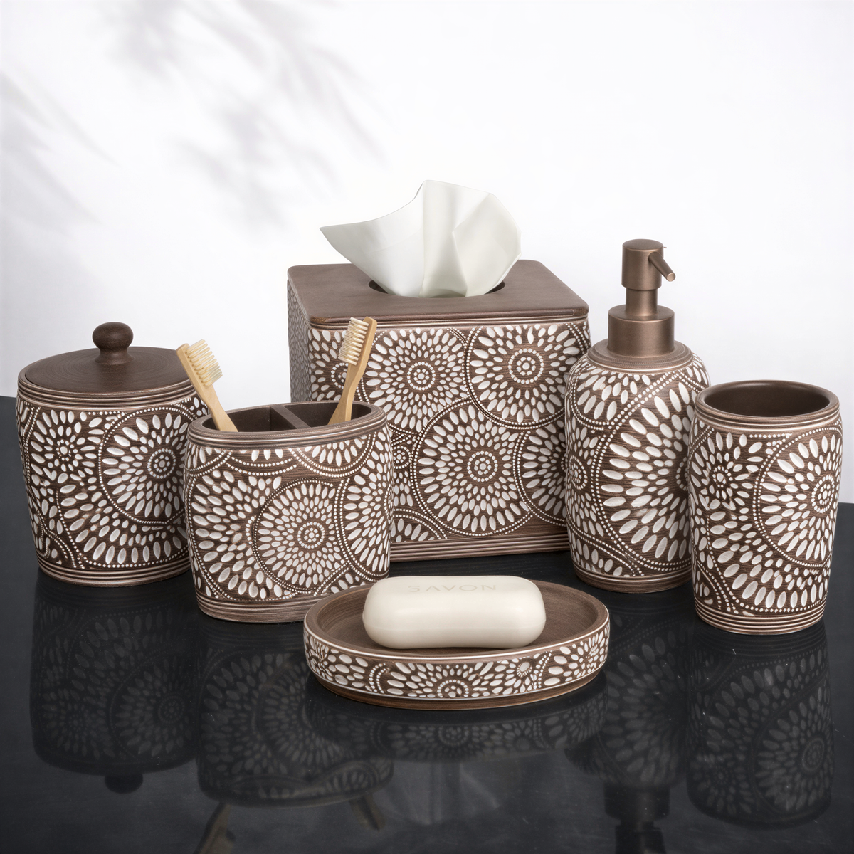 HG175 The Ciccone Collection modern bathroom décor accessories set of 6, sleek and elegant bath accessories for stylish bathrooms.