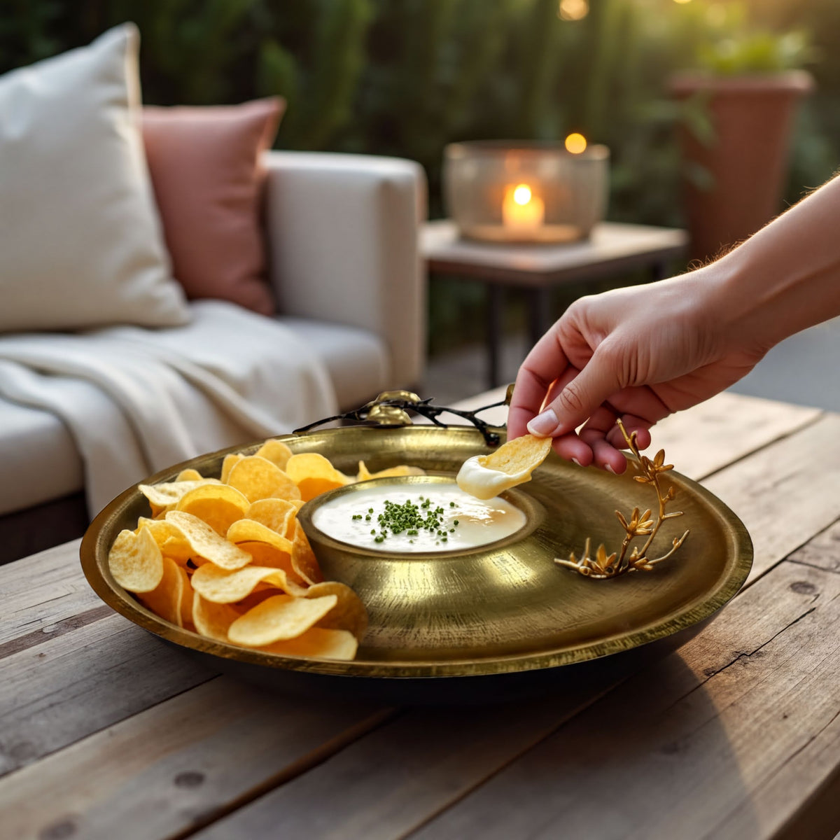 Chip and dip snack platter from 23202ELBA, stylish kitchen decor with a ceramic tray for holding chips and dips.