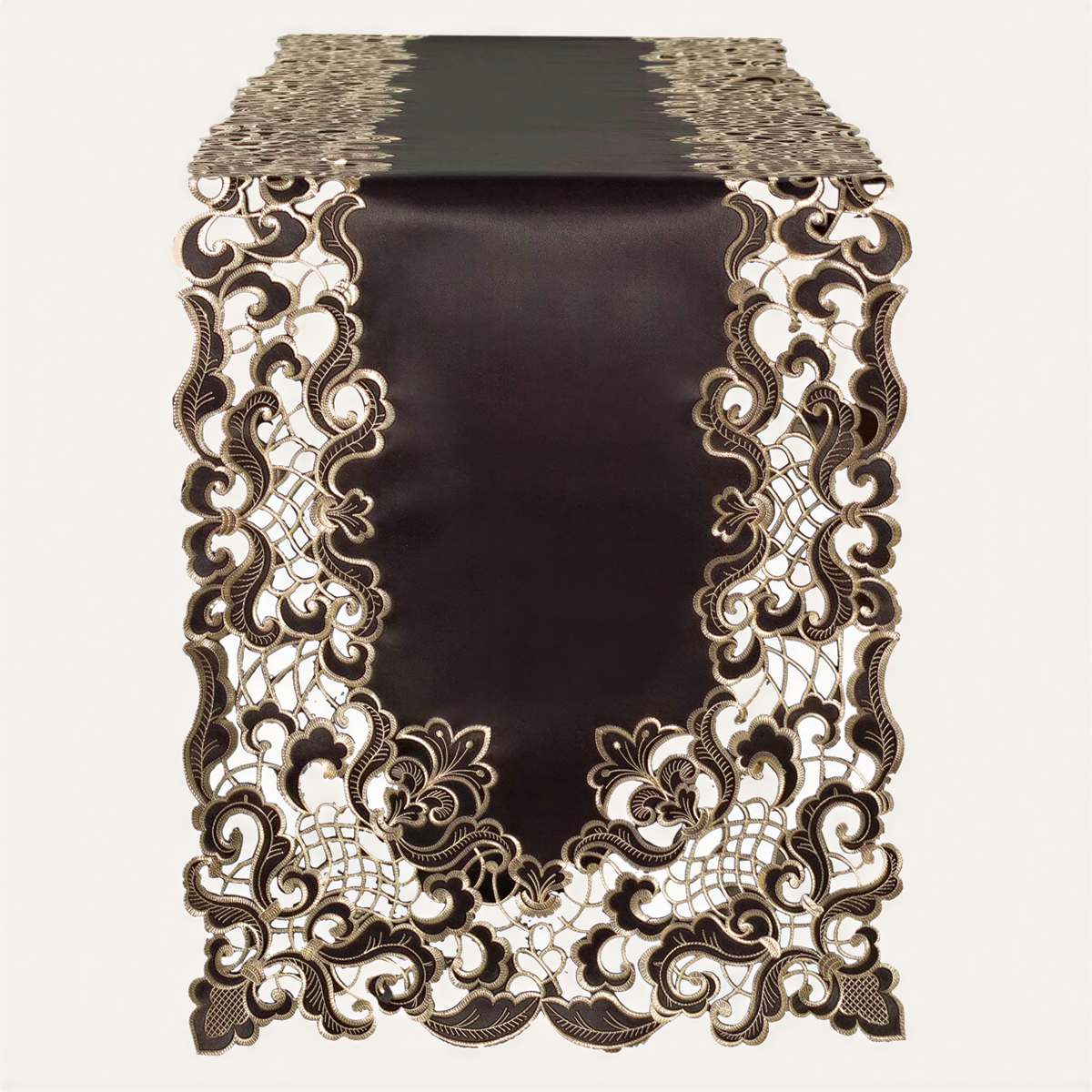 Black and gold Noir Luxe table runner from RIZ-004-RN Granada Collection, modern decorative 14x108 inch table centerpiece.