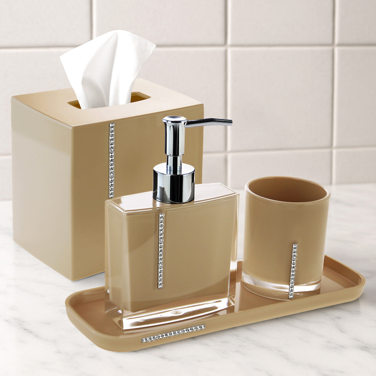 Set of four elegant modern bathroom décor accessories from The Mcclary Collection, including soap dispenser, toothbrush holder, and accessories.