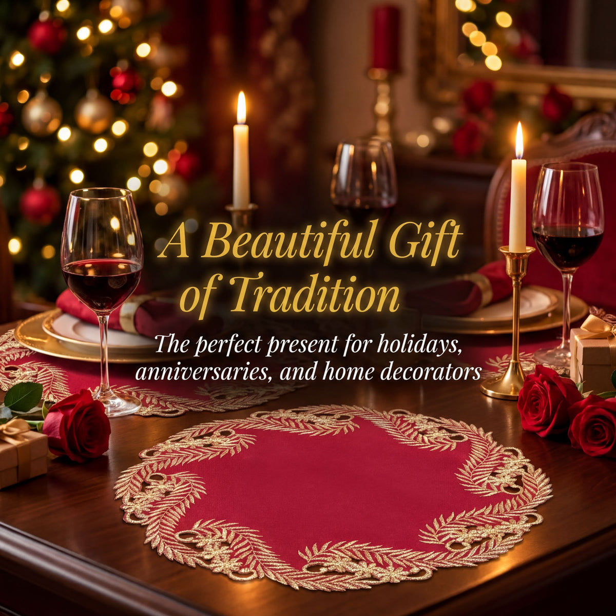 Elegant Burgundy gold RIZ-011-DL doilies from the Wine Grace – Burgundy Gold Table Doilies collection, 15-inch modern dining décor.