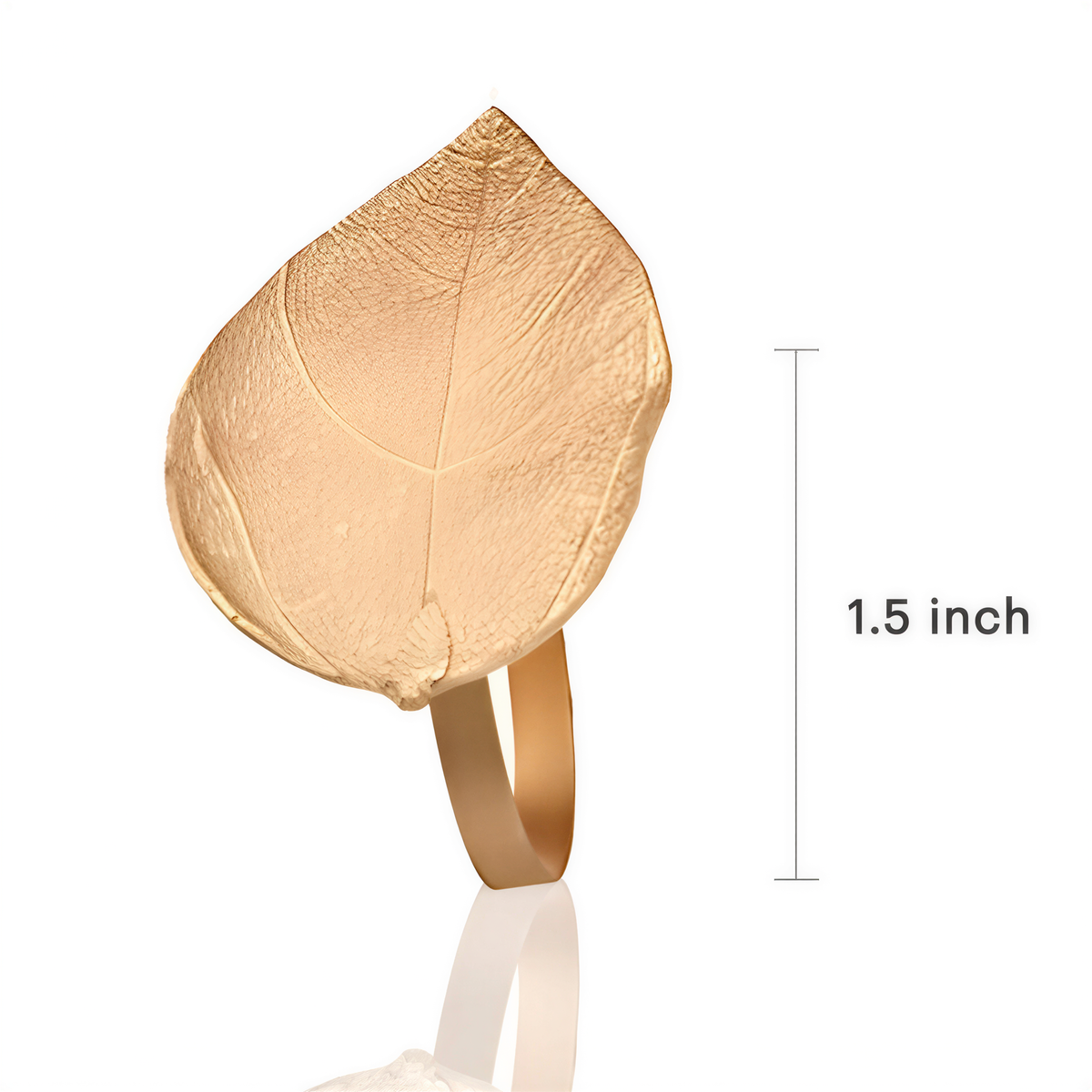 A gold leaf ring is shown against a white background, with a measurement line indicating it is 1.5 inches in size.