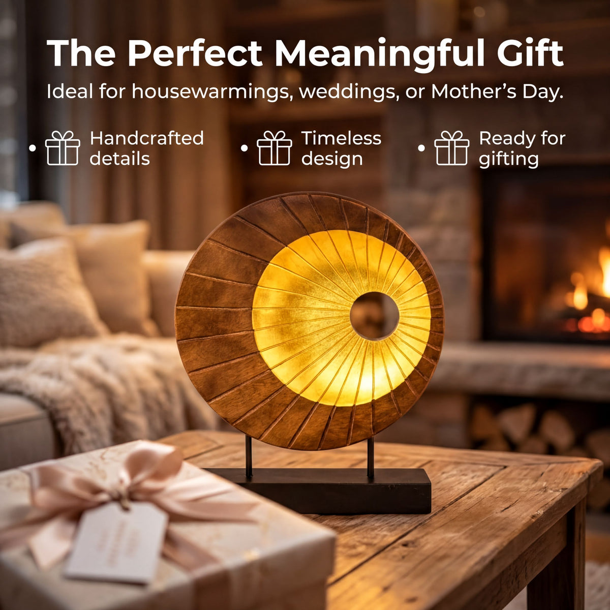 a wooden sculpture with a golden design, placed on a wooden table in a cozy living room setting.